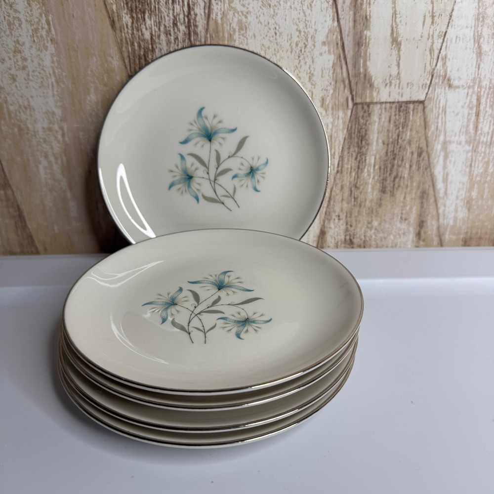 Homer Laughlin Triumph Cynthia Bread Butter Plates Set 5 Blue Floral Silver Trim